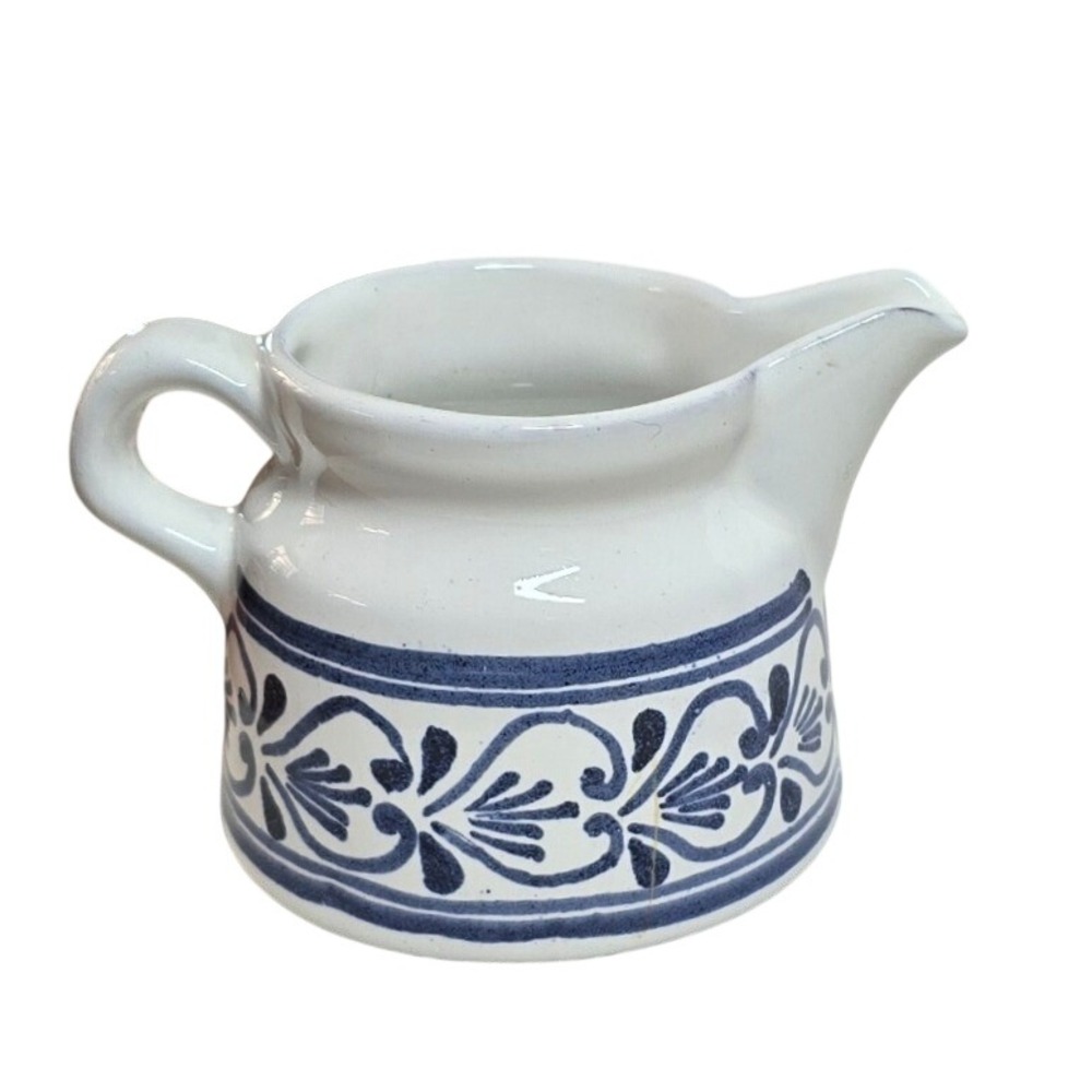 Vintage Varoslodi‎ Majolik Hungary Blue White Ceramic Milk Creamer Pitcher 5in
